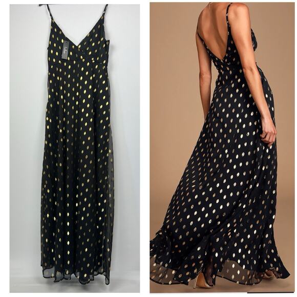 NWT Lulus XL Galaxy Lights Black and Gold Polka Dot Sleeveless Maxi Dress - Picture 2 of 14